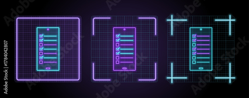Checklist phone icon illustration, cyber neon visual, glowing border grid vector.