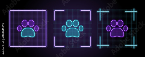 Pet paw icon illustration, cyber neon visual, glowing border grid vector.