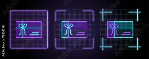 Gift Card icon illustration, cyber neon visual, glowing border grid vector.