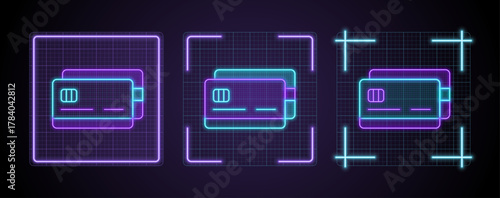 Credit Card icon illustration, cyber neon visual, glowing border grid vector.