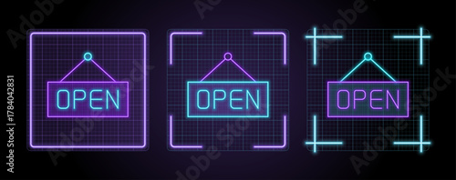 Open sign icon illustration, cyber neon visual, glowing border grid vector.