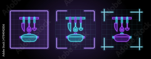 Kitchen utensils icon illustration, cyber neon visual, glowing border grid vector.