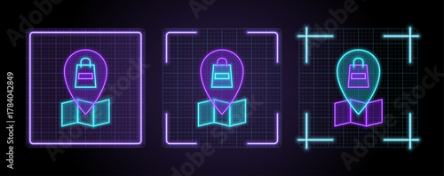 Store map pin icon illustration, cyber neon visual, glowing border grid vector.