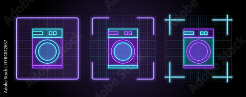 Washing machine icon illustration, cyber neon visual, glowing border grid vector.