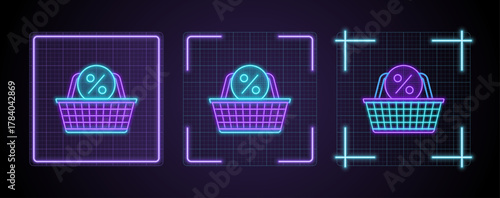 Store basket discount sign icon illustration, cyber neon visual, glowing border grid vector.