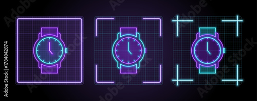 Wrist watch icon illustration, cyber neon visual, glowing border grid vector.