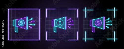 Promo deal discount sale icon illustration, cyber neon visual, glowing border grid vector.