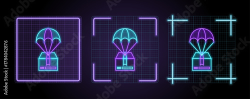 Drop shipping icon illustration, cyber neon visual, glowing border grid vector.