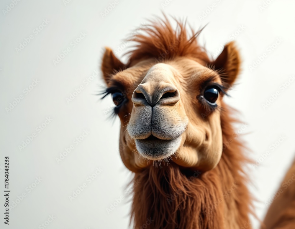 Obraz premium Close up portrait of a dromedary camel face. Furry mammal with large dark eyes, long eyelashes and detailed snout. Neutral background highlights animal texture.
