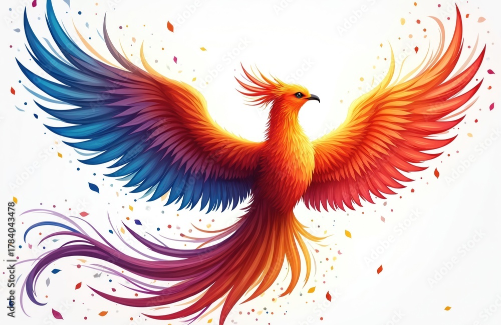 Obraz premium Majestic phoenix bird illustration with vibrant gradient wings in red orange blue purple hues. Mythical creature soars against white background with scattered confetti. Symbol of rebirth and power.