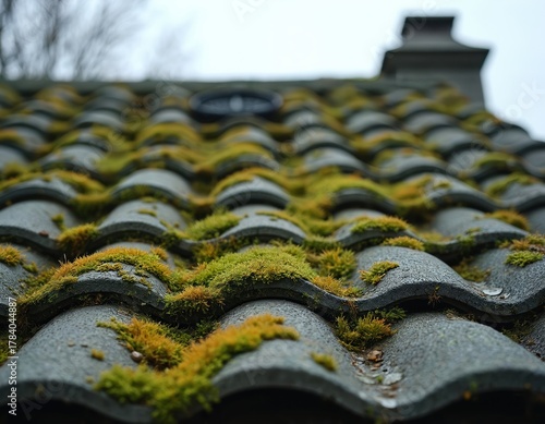 Close-up of weathered tile roof covered in vibrant green moss, orange lichen. Aged structure displays signs of moisture exposure, natural growth. Image illustrates effects of time on building