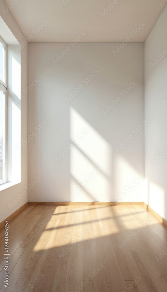 Fototapeta premium Empty bright room features white walls, light wooden floor. Sunlight streams through large window, casting strong geometric shadows. Modern minimal clean home space perfect for interior design ideas