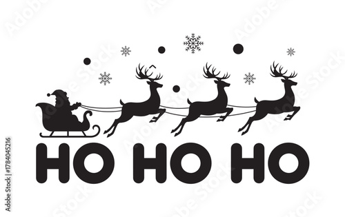 Santa claus in sleigh with reindeer and ho ho ho for christmas design