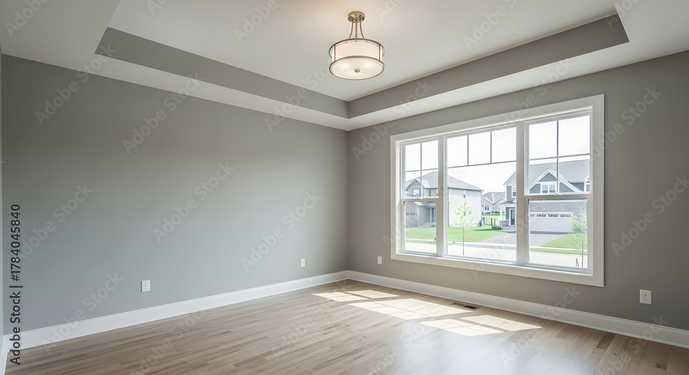 Fototapeta premium Empty room with gray walls and large window with natural light