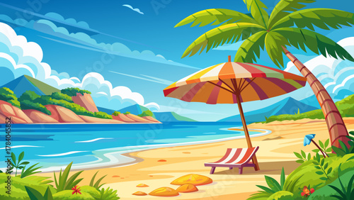 Very beautiful serene shoreline featuring a beach umbrella casting a shadow on white sand, calm ocean waters, and a realistic relaxing tropical beach atmosphere perfect for a summer vacation getaway.