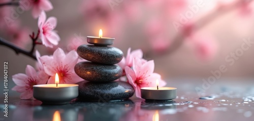 Composition features zen stones stacked with candle lights. Pink cherry blossom flowers add freshness. Peaceful photo of tranquility wellness spa. Calmness relaxation, nature scene. Good for