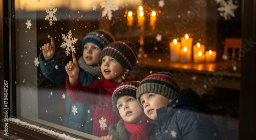 Kids watching snowfall with wonder, candlelight reflection, cinematic dreamy atmosphere, warmth