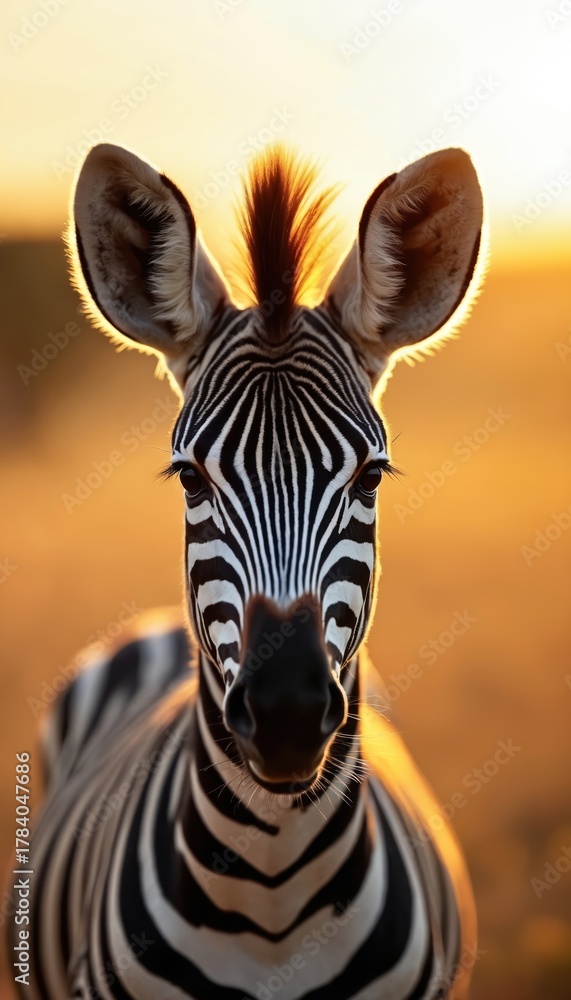Naklejka premium Zebra portrait at sunset. An animal with black and white stripes stands against warm golden light. This photo captures a zebra head close up in nature.