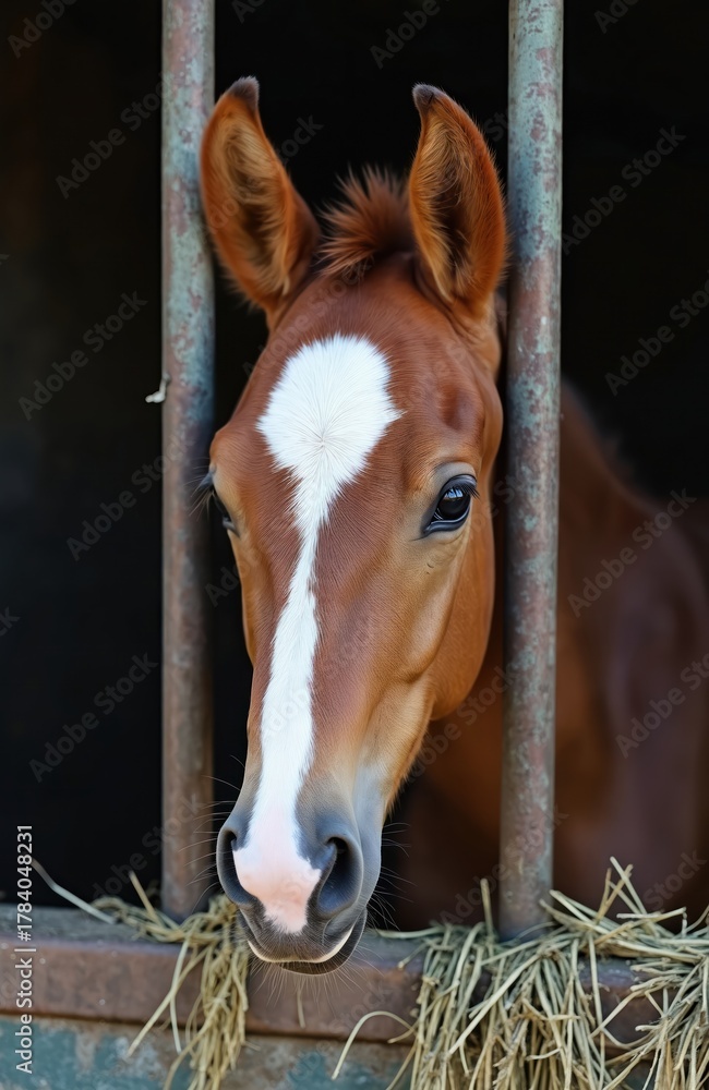 Obraz premium Close up of a buckskin foal in stable looking out. Young horse head portrait between bars in front. Light brown animal with white spot stands near manger with hay.