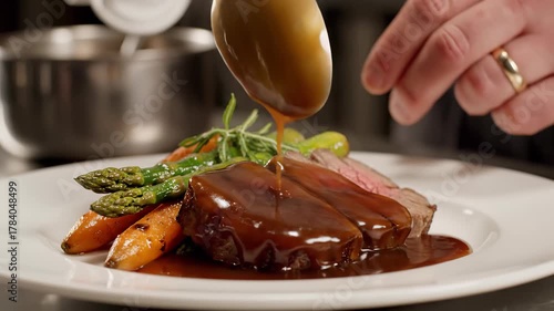 Chef Pours Gravy Over Gourmet Meat and Vegetables