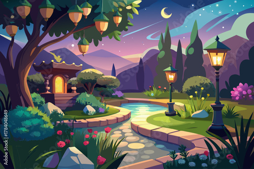 Beautiful garden with glowing lamps at night, outdoor landscape lighting design, quiet evening atmosphere, decorative yard scenery, and peaceful nature background concept.