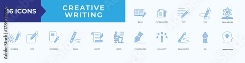 Creative Writing icon set blue style
