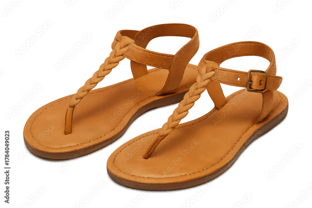 Naklejka premium Brown flat sandals showcasing braided straps, a thong design, and an adjustable buckle, offering stylish comfort for warm weather
