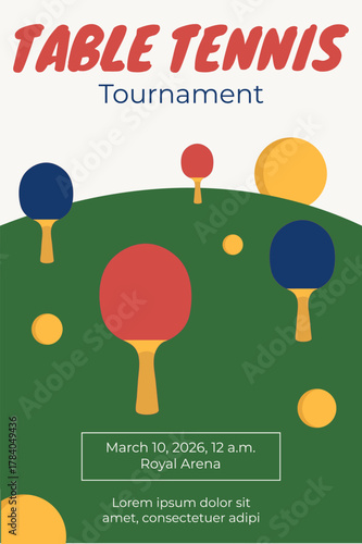 Table tennis tournament, ping pong, table tennis rackets as trees, ball sun, landscape, sport, poster, banner, text