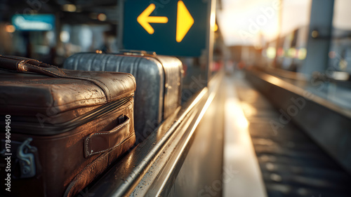 Vintage suitcases await their owners on a baggage carousel, illuminated by the golden light of the setting sun at the terminal.