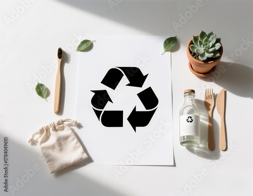 Recycling bin symbol with eco-friendly items arranged on a light background