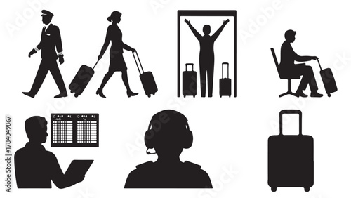 Set of airport travel icons silhouette vector design elements for transportation and tourism isolated on white background