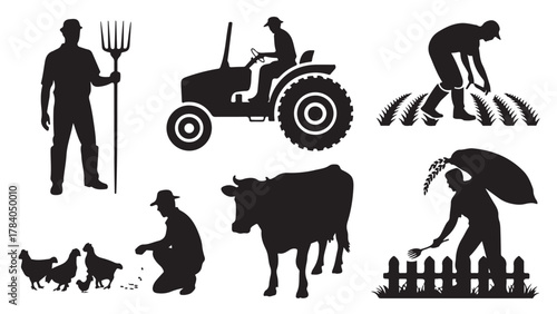 Set of farming silhouette icons vector illustration of agriculture and rural life isolated on white background