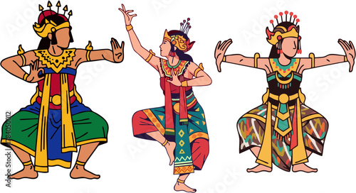 Cultural dance performers in artistic drawing of three figures in traditional Indonesian dance attire