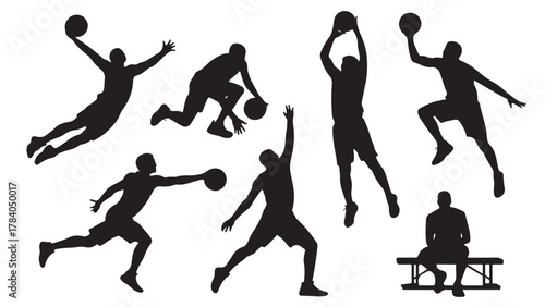 Silhouette of basketball players in various poses vector illustration of athletes in action isolated on white background