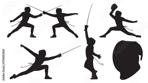 Fencing silhouette vector set diverse poses of fencers with swords isolated on white background