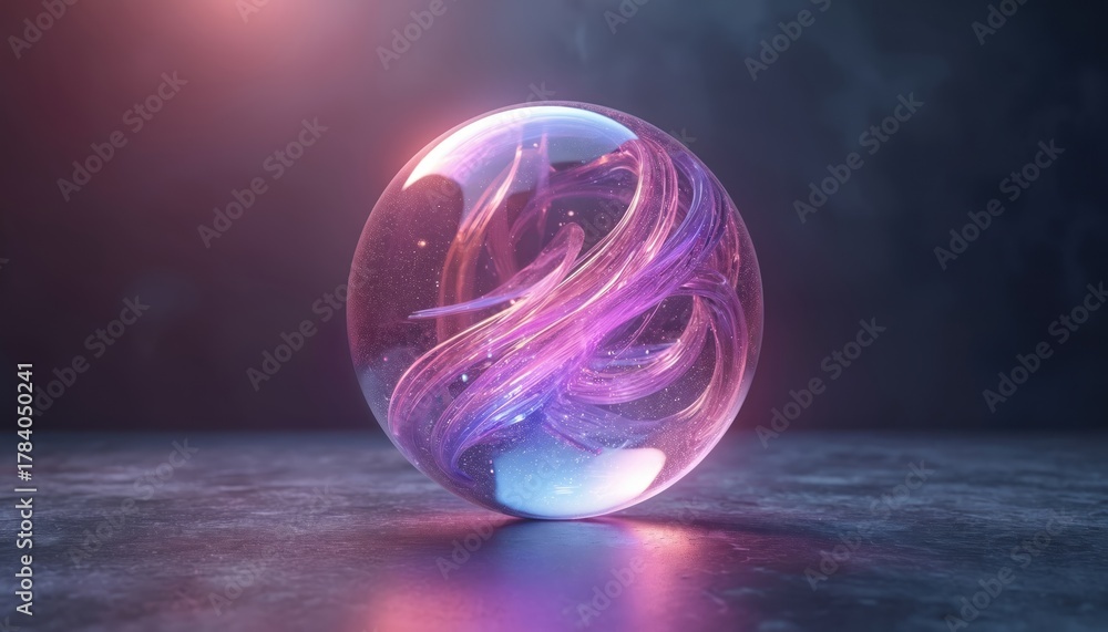 Fototapeta premium Glass sphere with purple luminous energy inside. Abstract futuristic orb rotates on dark reflective surface. Cosmic glowing substance, digital art.