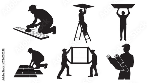 Construction worker silhouette icons set of vector illustrations showing various building and renovation activities isolated on white background
