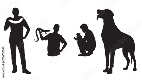 Silhouettes of people holding exotic pets including a snake lizard and hamster with a dog standing nearby vector illustration on white