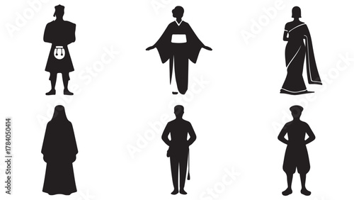 Diverse cultural clothing silhouettes traditional garments from around the world vector illustration for cultural representation and design