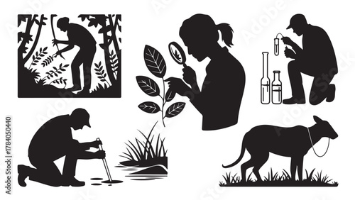 Set of environmental science silhouettes showing field research and analysis vector illustration isolated on white background