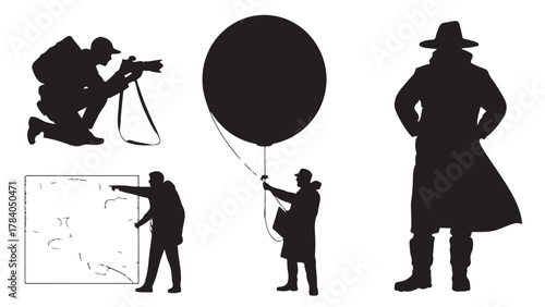Silhouette vector illustration set of people including a photographer a man with a balloon and a man in a trench coat isolated on white background