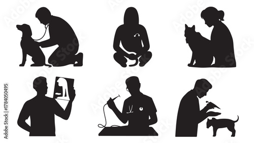 Veterinarian silhouette set examining animals with stethoscope and tools vector illustration isolated on white background