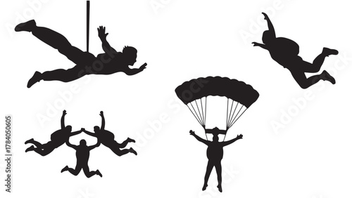 Set of skydiving silhouettes vector illustration of skydivers in various poses isolated on white background