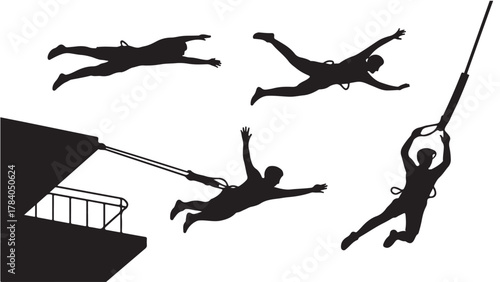 Set of bungee jumping silhouettes extreme sport vector illustration showing different poses isolated on white background