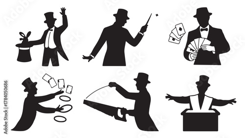 Set of magician silhouette icons performing magic tricks with cards hat and saw vector illustration isolated on white background