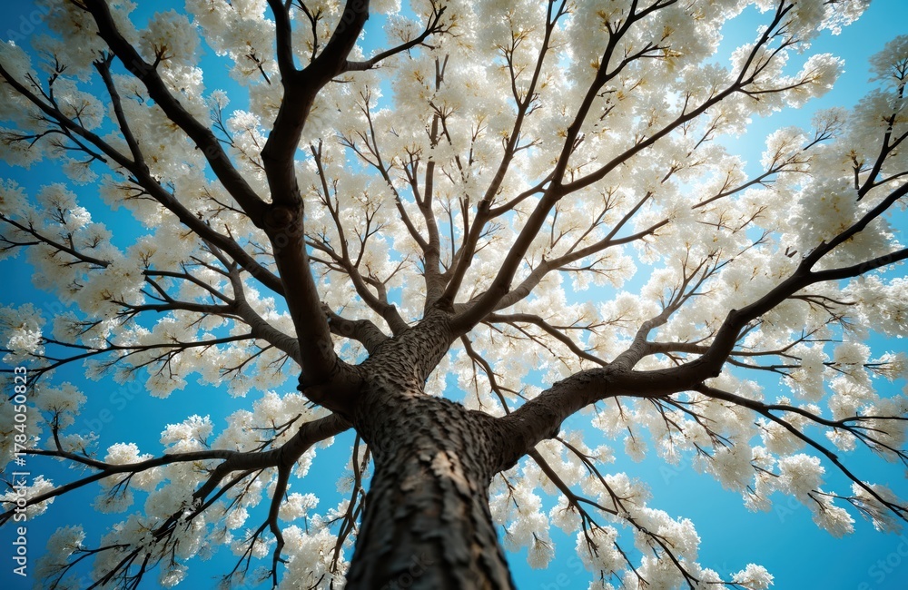 Fototapeta premium White ipe tree with white flowers against blue sky. Floral spring nature landscape with blue sky background. Tree branches in full bloom look towards a vibrant sky.