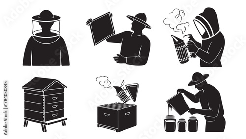 Beekeeping vector icon set beekeeper in protective suit flat design illustration isolated on white background