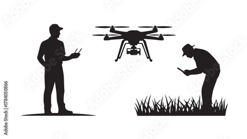Silhouette of two men operating a drone vector illustration of drone pilots isolated on white background