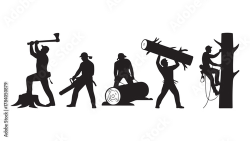 Silhouettes of lumberjacks at work vector illustration of tree cutting and logging isolated on white background