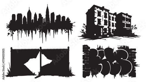 Vector set of urban decay elements including a city skyline dilapidated buildings broken fence and graffiti isolated on white background